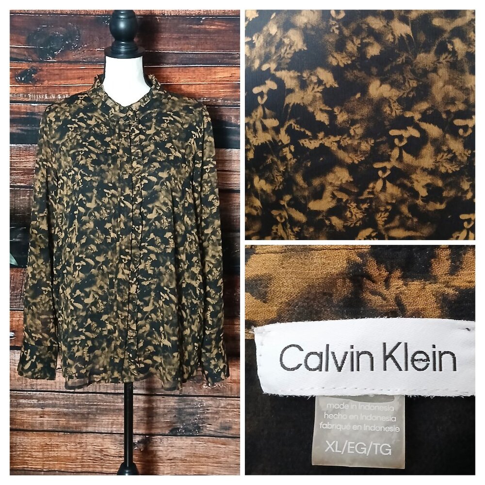 Calvin Klein Blouse Top XL Ruffle Front Sheer Sleeves Brown Black Button Up NEW